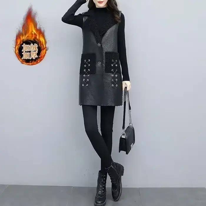 Gilet d'hiver en laine et cuir pour femme