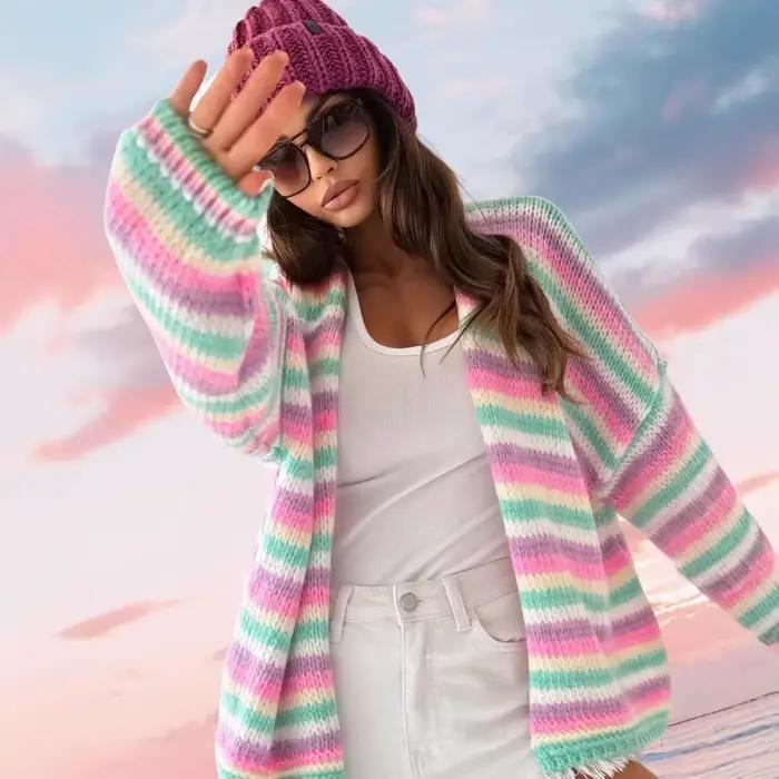 Pull rayé arc-en-ciel, haut tricoté rétro