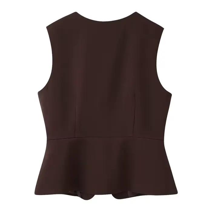 ETJ automne 2025 femmes élégant mode couleur unie col rond gilet tempérament polyvalent bouton up