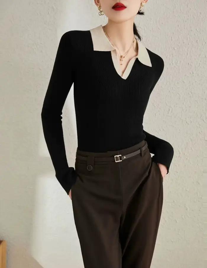 Pull à col POLO de couleur contrastée pour femmes