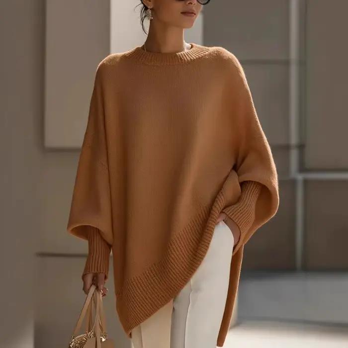 Pull en tricot beige surdimensionné pour femme, manches chauve-souris, ourlet asymétrique, coupe décontractée ample, pour un usage quotidien