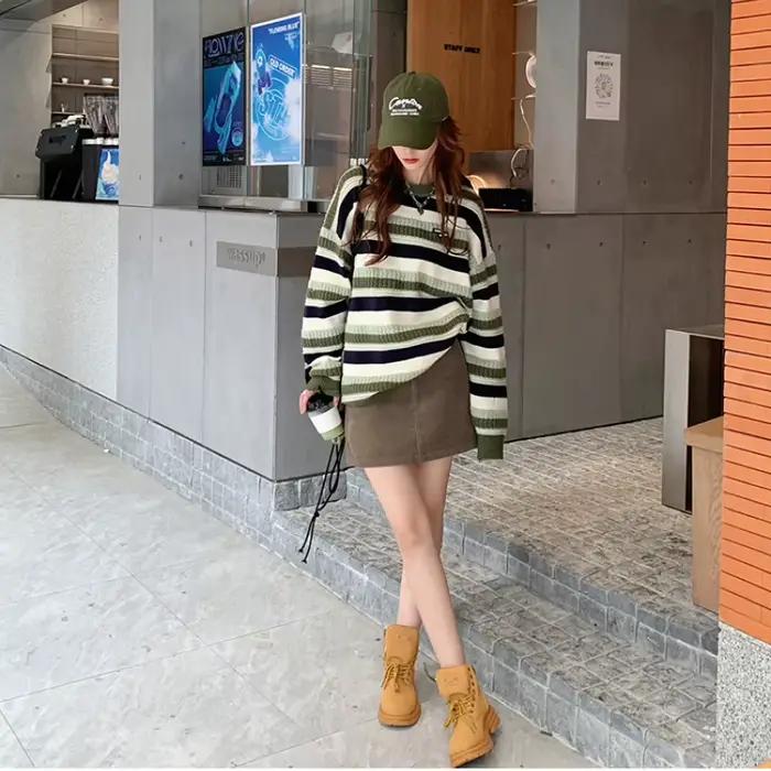 Pull tricoté à rayures vertes pour femme