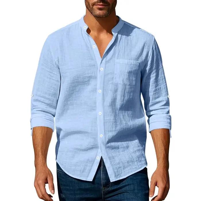Chemise de poche en lin à manches longues et col montant pour hommes, respirante et décontractée, nouveau Style chinois