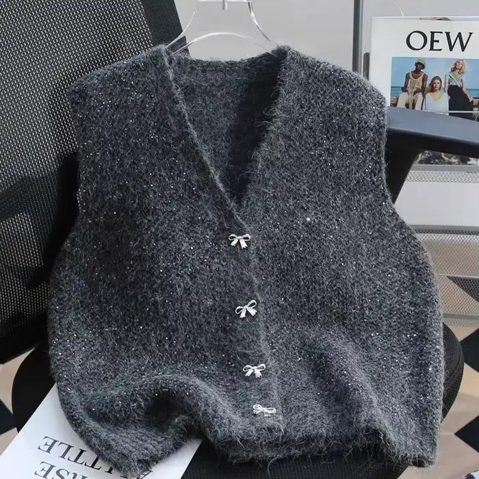 Gilet tricoté Design Sense 2026 – Collection Automne-Hiver – Vêtement décontracté ample avec nœud pour femme –