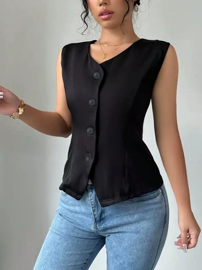 Gilet pour femme en polyester noir, col en V, boutons discrets, coupe ajustée et ourlet asymétrique pour bureau et occasions spéciales printemps-été