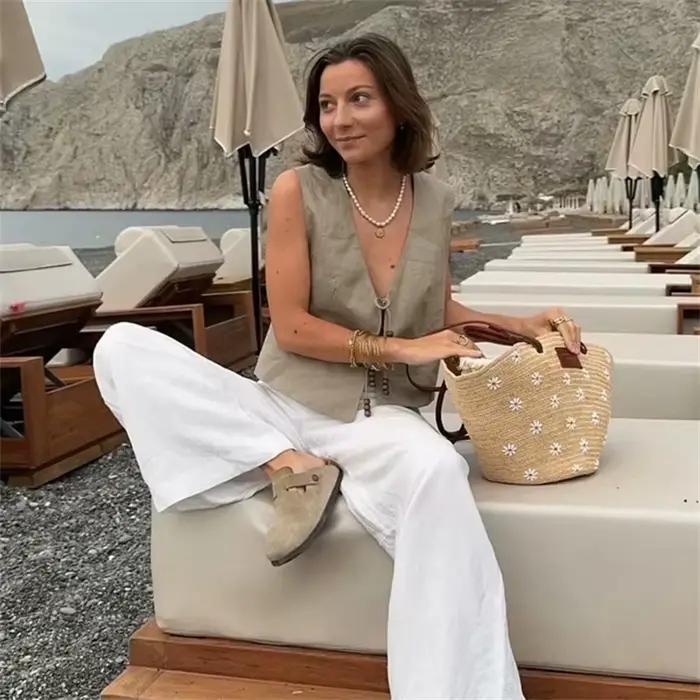 MUJER perles gilet sans manches femme col en V noir recadrée
