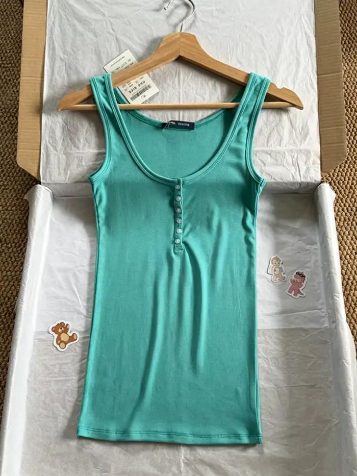 Débardeurs slim à boutons turquoise pour femmes