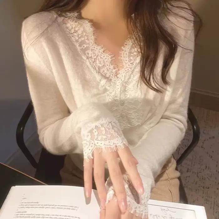Sexy dentelle col en V pulls femmes mode Patchwork simple boutonnage Swraters femme coréenne Chic à manches longues doux sommets