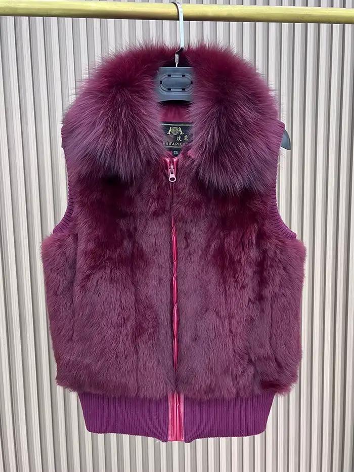 Femmes véritable réel lapin fourrure gilet manteau tricot hiver col