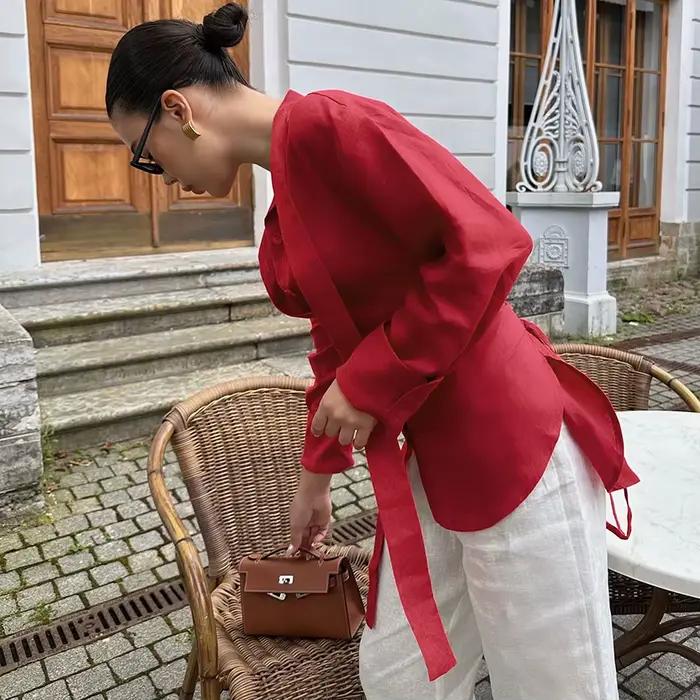 Linad élégant bleu coton écharpe col Blouse femme bureau rouge simple boutonnage chemises