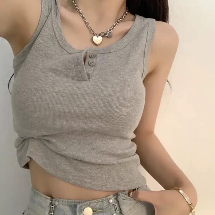 Débardeur côtelé boutonné pour femme, décontracté, polyester, élastique, style moderne, printemps été, tenue élégante pour diverses occasions