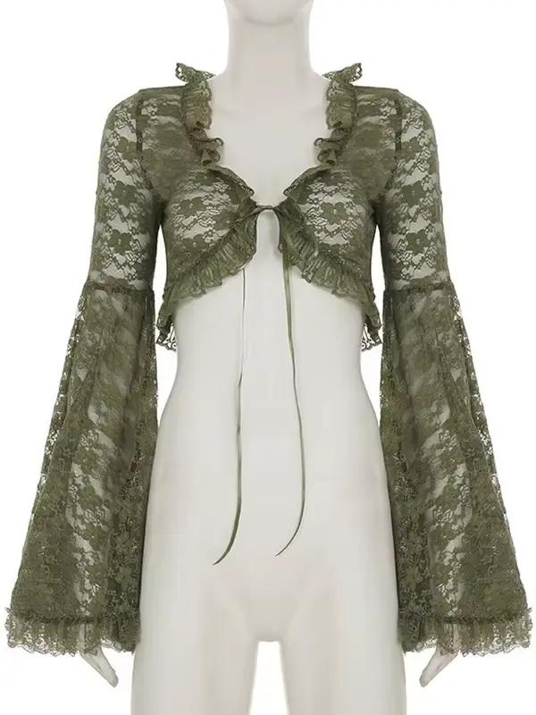 Cardigan vert en dentelle à nouer pour femme
