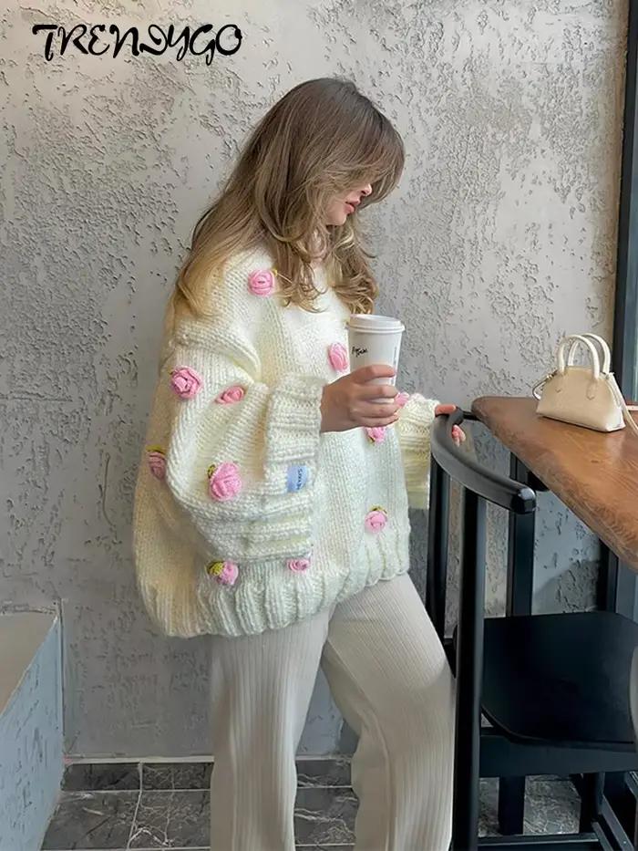 Pull tricoté surdimensionné à fleurs 3D pour femmes