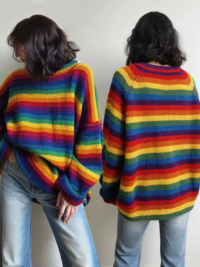 Nouveau Pull Femme 2026 Rayé Arc-en-ciel Vintage Ample Tricoté Manches Longues Décontracté