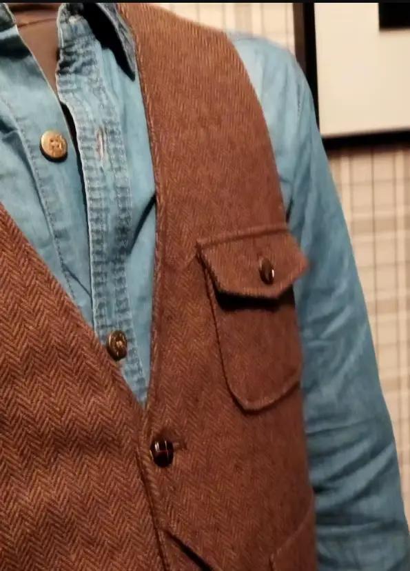 Gilet d'outillage décontracté formel en Tweed à chevrons marron col en V