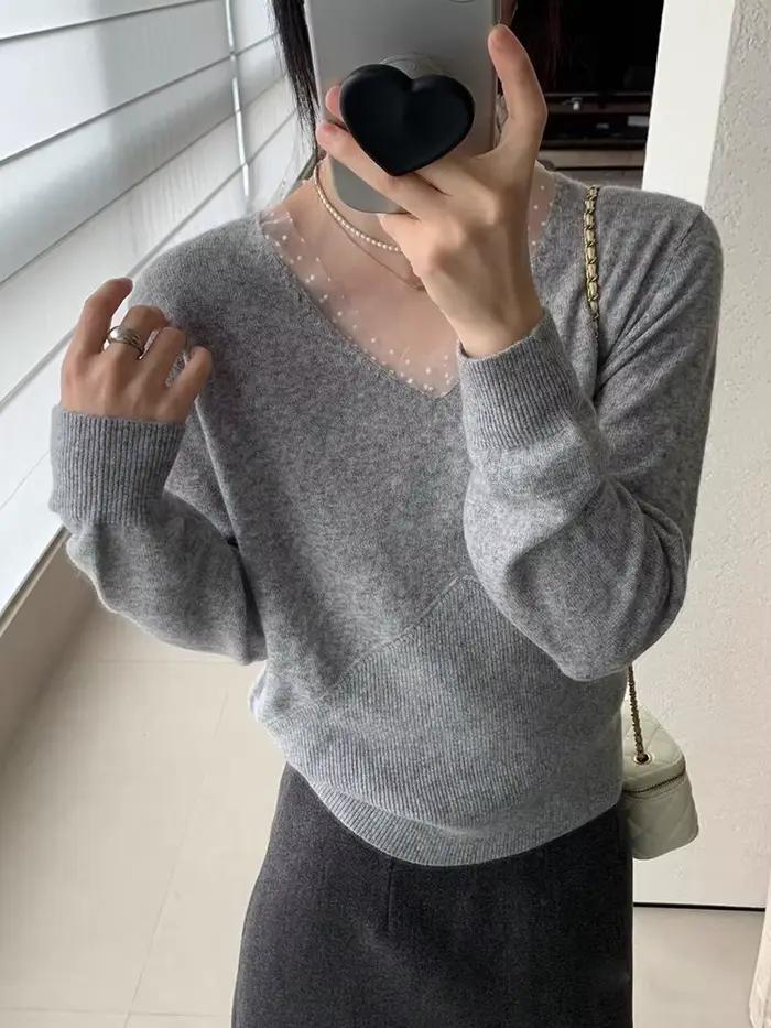 Pull coréen Patchwork à pois col en v pulls femmes Sueter Mujer à manches longues doux