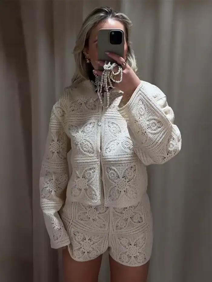Ensemble 2 pièces en tricot ajouré pour femme