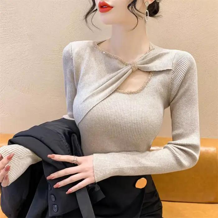 Chandails tricotés pour femmes avec strass automne mode coréenne vêtements ventes Y2k haut Vintage vêtements d'extérieur nœud femme pull