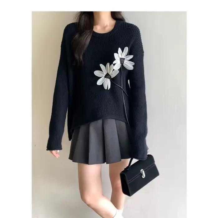 Pull rétro à fleurs tridimensionnelles pour femmes