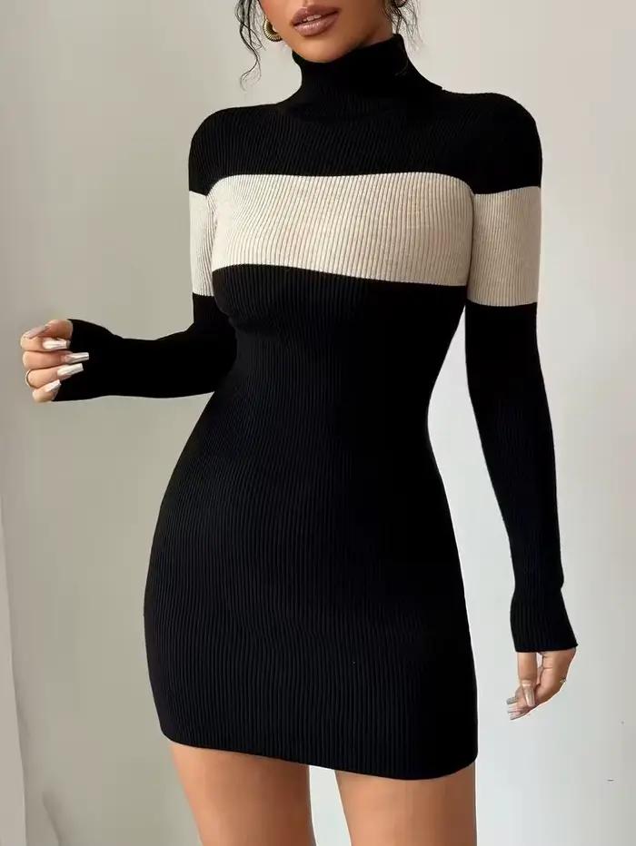 Robe en tricot ajustée à col montant et blocs de couleur – Vêtement élégant pour femme automne/hiver