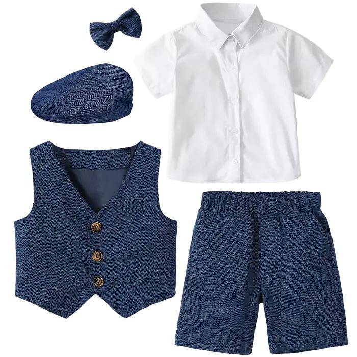 Vêtements Pour Enfants Avec Chapeaux Costumes De Mariage Costumes Baptême Ensemble Fête D’anniversaire Manches Courtes Gentleman Lot 4 Pièces