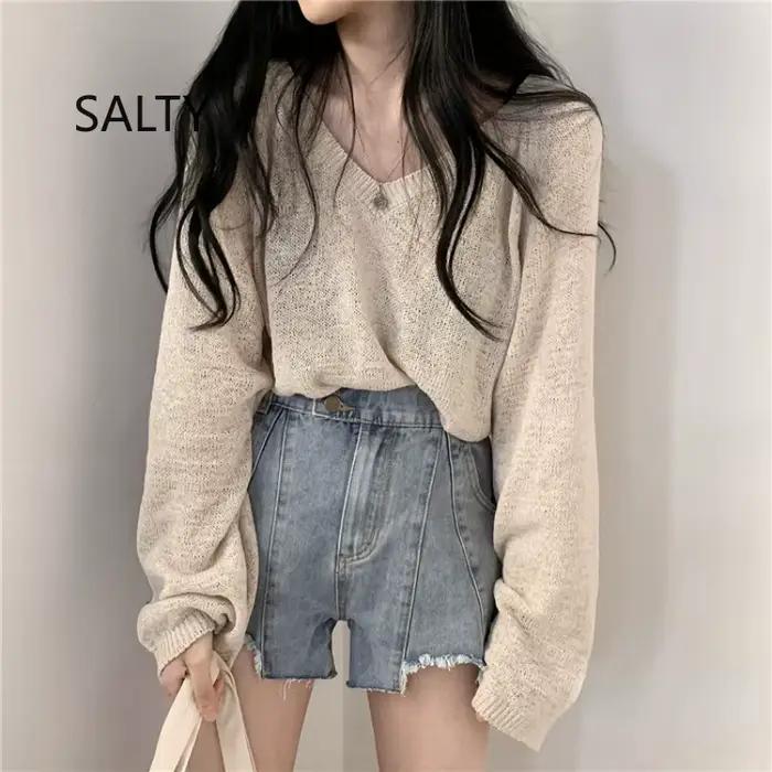 Col en v tricots femmes 2025 nouveau automne couleur unie hauts Style ample à manches longues bureau pulls femme