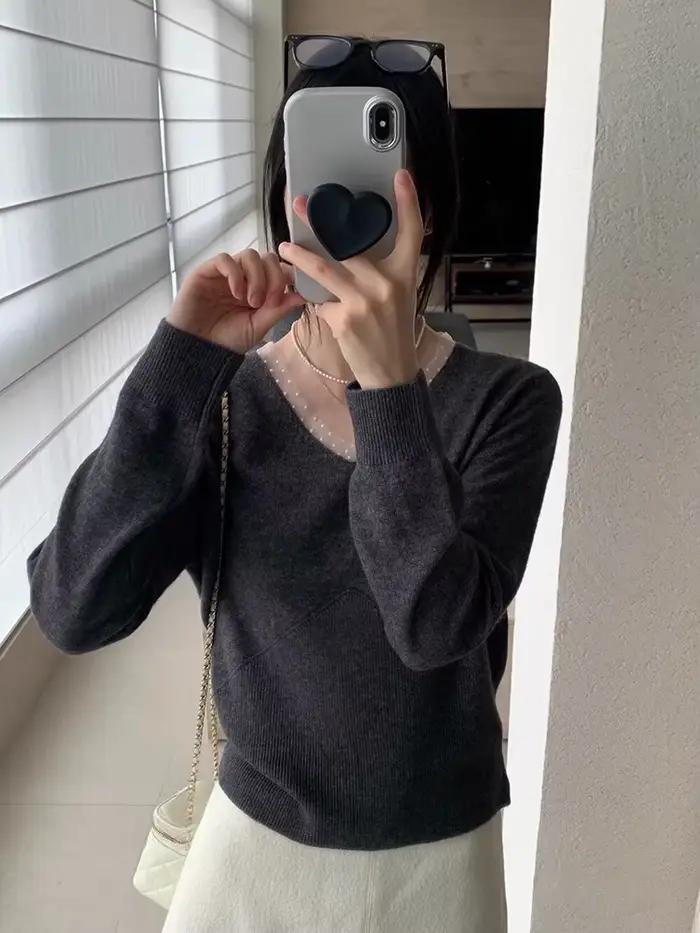 Pull coréen Patchwork à pois col en v pulls femmes Sueter Mujer à manches longues doux