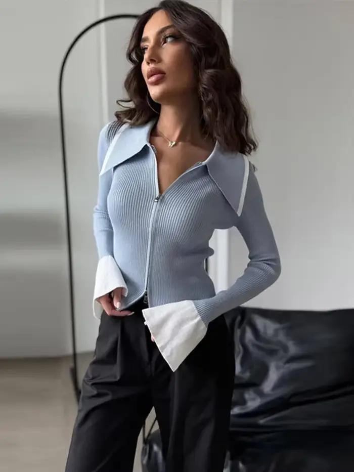 Femmes tricoté lambrissé pull Patchwork revers manches évasées fermetures éclair gaine Cardigan 2025 automne décontracté bureau dame chandails