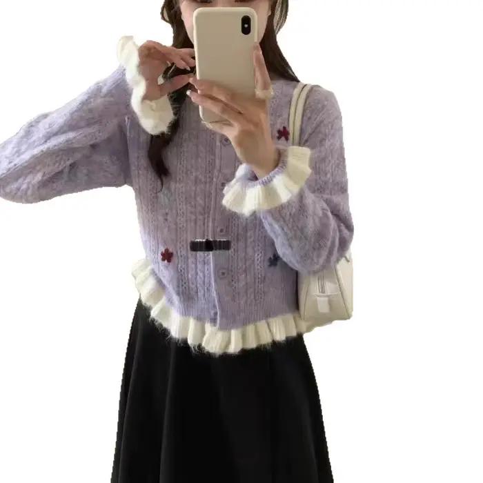 Pull en polyester tricoté à la main avec volutes de fleurs pour filles style décontracté automne hiver