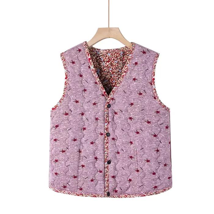Gilet en polyester tricoté à fleurs pour femmes, coton chaud, col en V, boutons et poches, pour automne et hiver