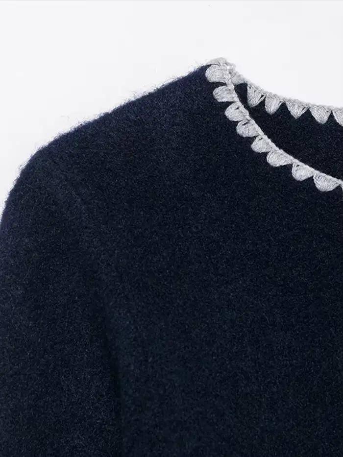 Cardigan tricoté brodé bleu marine pour femme