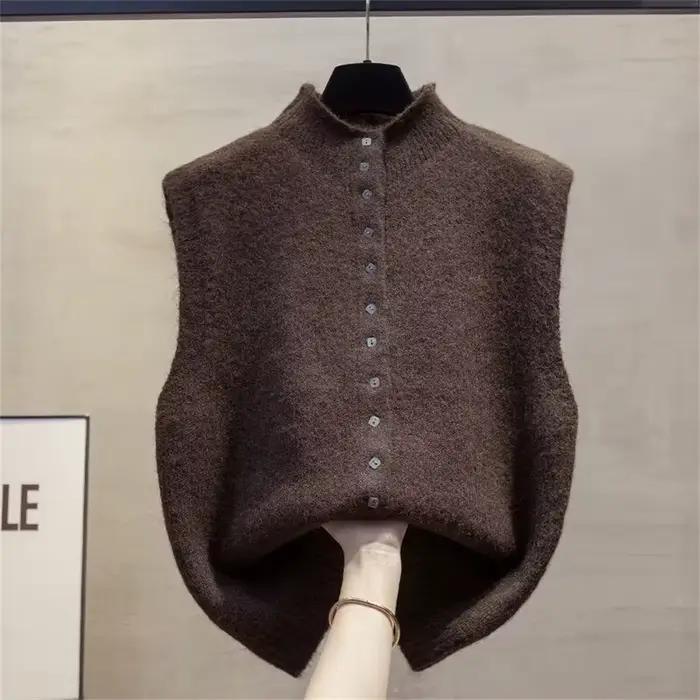 Gilet préppy sans manches col rond pour femmes en polyester et coton, élégant et confortable pour l'automne et l'hiver, idéal pour les étudiantes et jeunes professionnelles