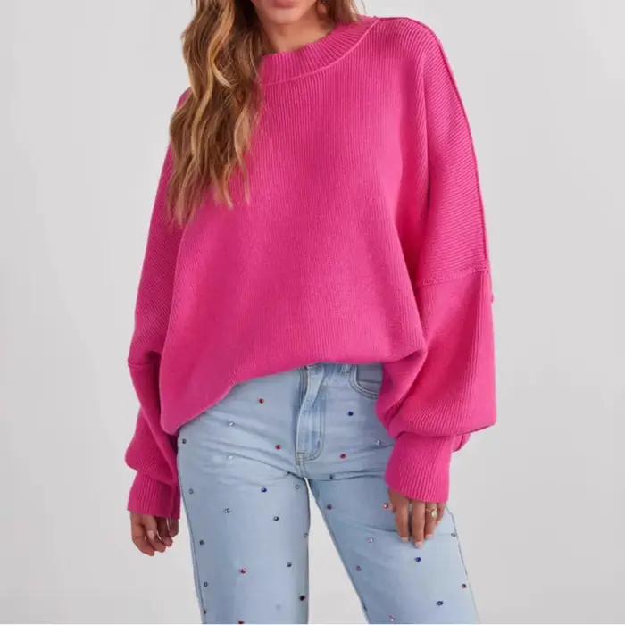 2026 nouveau pull femmes décontracté vacances Style couleur unie à manches longues col rond haut tricoté veste