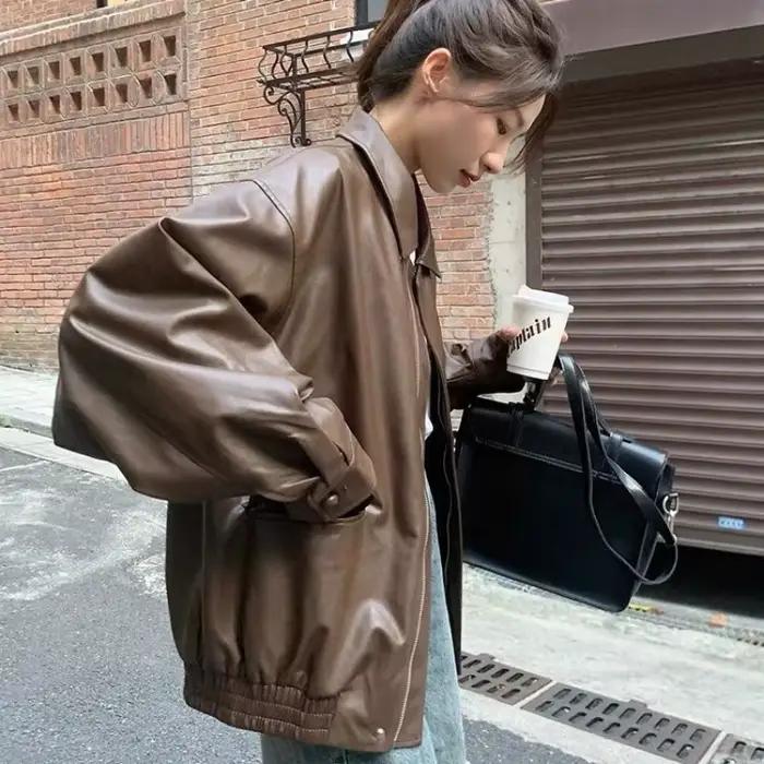 Blouson en similicuir marron pour femme