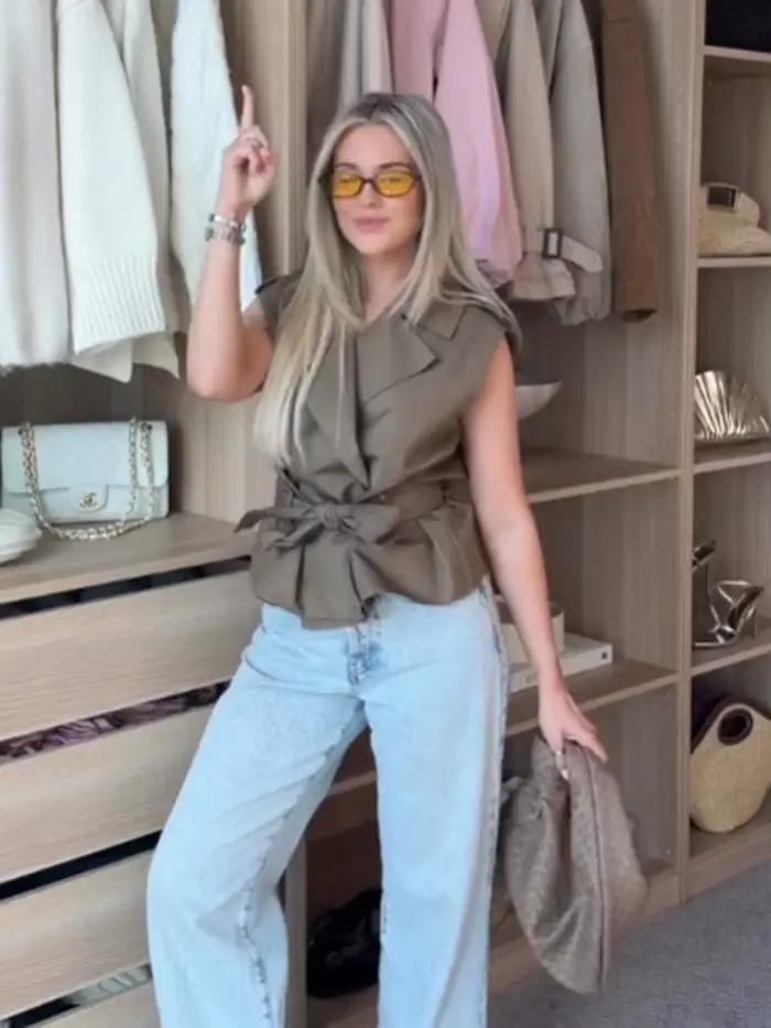 HH Femme Nouvelle Collection Été 2026 Gilet Ajusté Kaki Polyvalent Ceinturé Style Urbain Double Boutonnage Sans Manches Décontracté
