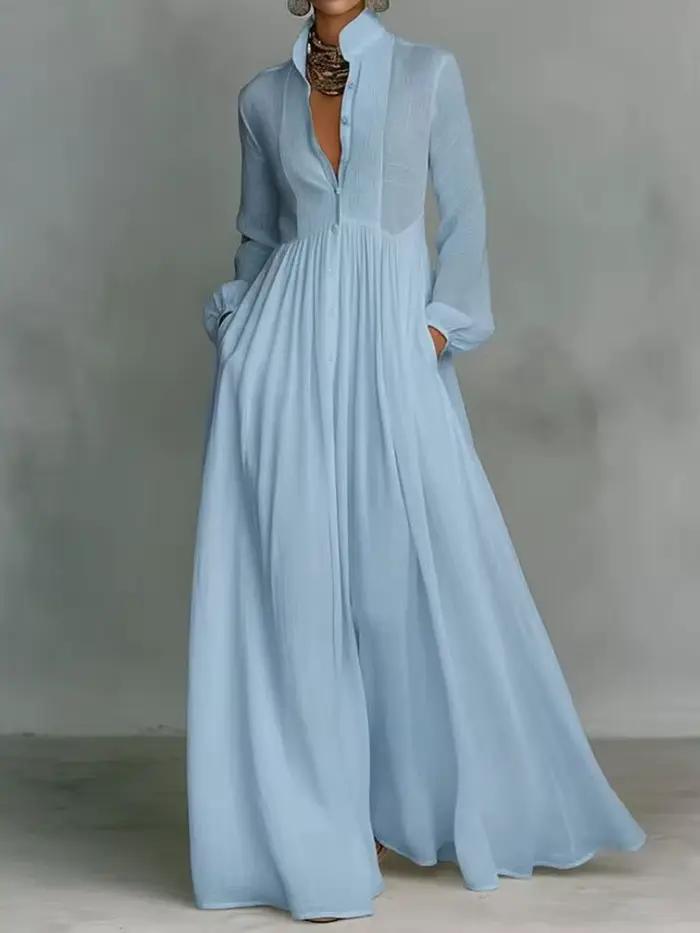Robe de soirée élégante à col montant et manches longues, Nouvelles robes décontractées unies pour femmes Printemps 2026, Robes à poches pour femmes à simple boutonnage
