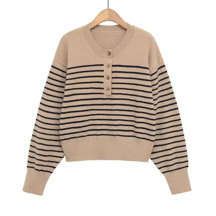 Col rond rayé tricoté pull femmes confortable