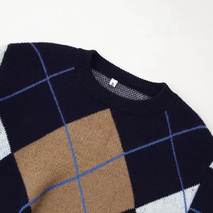 Pull décontracté à col rond bleu foncé à motif losanges