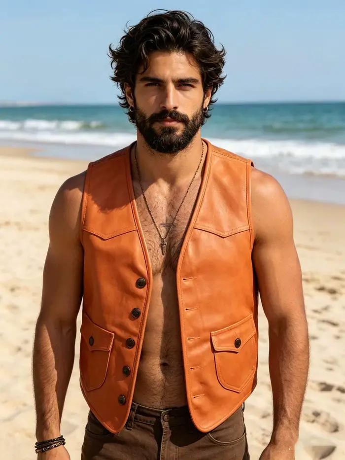 Gilet en cuir Orange Spring pour homme, style rétro, grande taille 5XL, en cuir de vachette véritable, coupe ajustée, court, simple boutonnage, avec empiècements