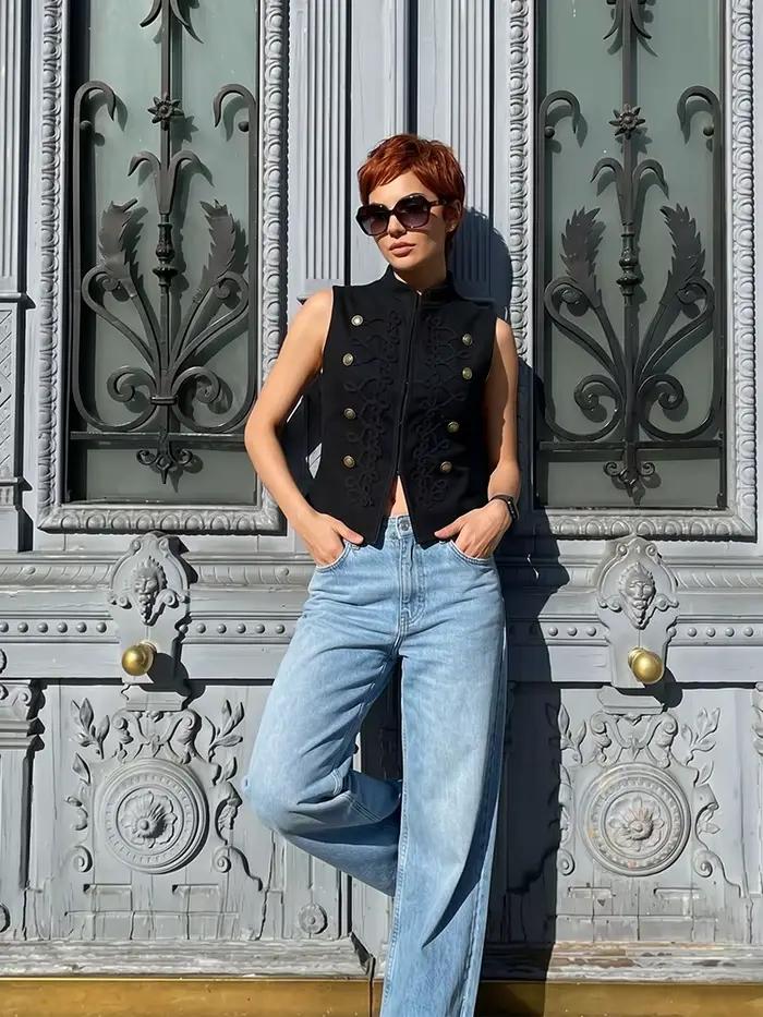 Gilet rétro élégant sans manches HH en polyester boutons grenouille pour femmes style vintage occasions formelles trajets quotidiens événements et vacances