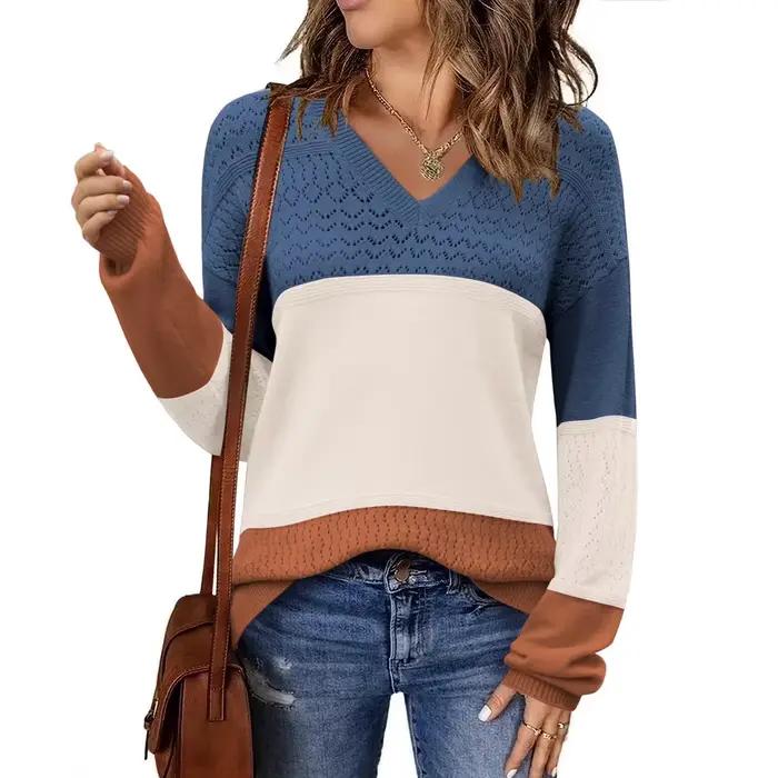 Pull ajouré à col en v pour femmes