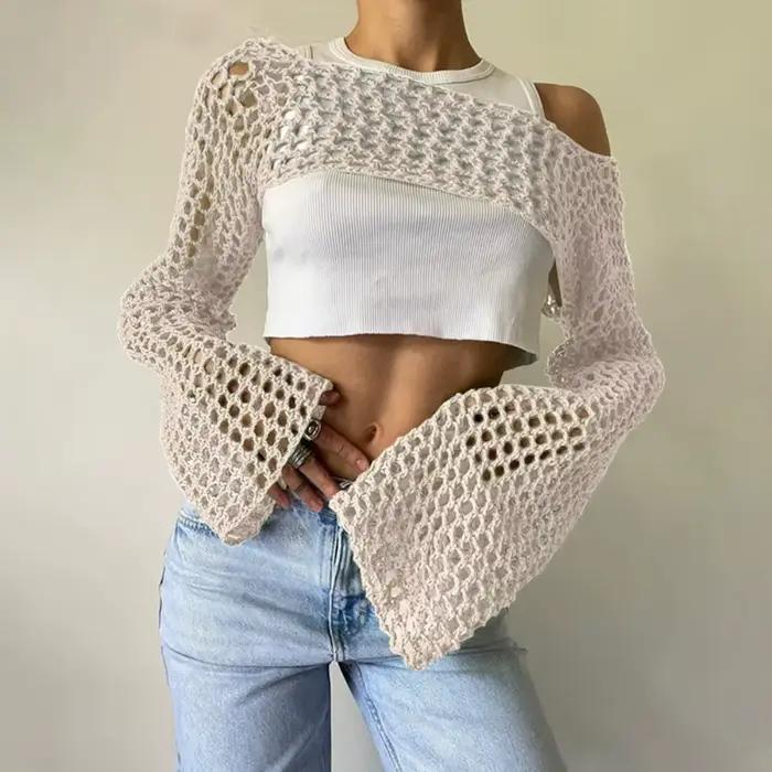 Y2K manches haussement d'épaules pull fibres acryliques douces femmes Crochet haut court