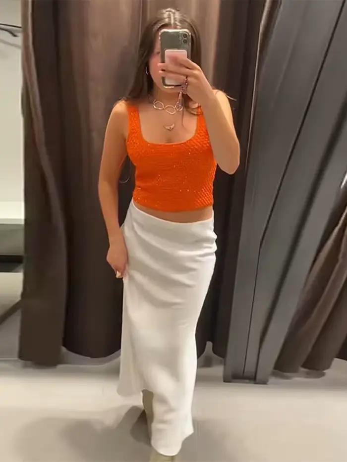 Cardigan tricoté en soie brillante Orange pour femmes