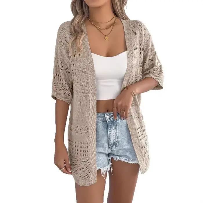 Pull tricoté décontracté de couleur unie à manches mi-longues pour femme