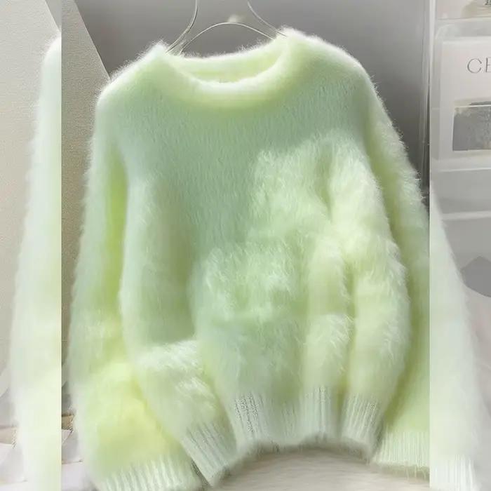 Vert en peluche porter pull tricoté femmes à manches longues mode chaud intérieur doux cireux