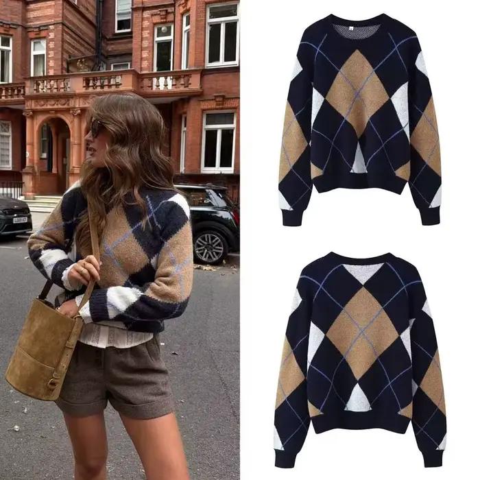 Pull décontracté à col rond bleu foncé à motif losanges