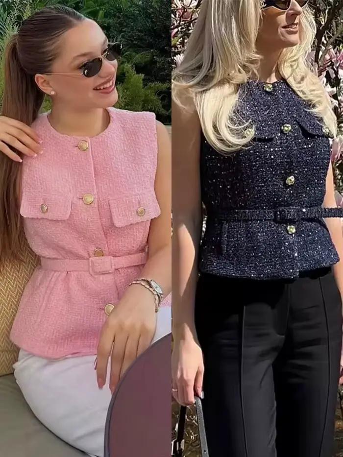 Gilet en tweed rétro élégant pour femme HH