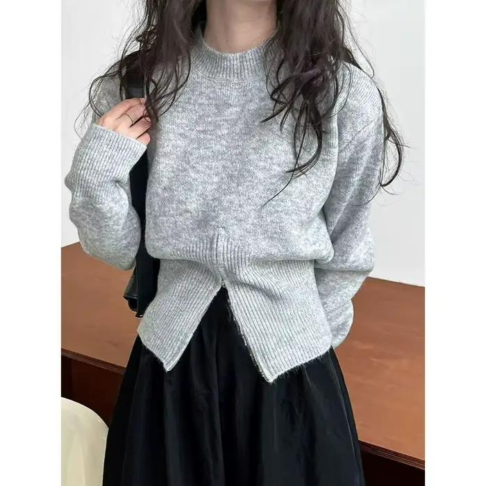 Gris 2025 automne vêtements nouveau Design sens haut fendu fermeture éclair pull court tricoté
