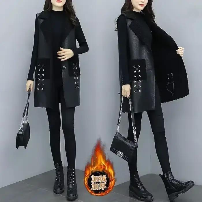 Gilet d'hiver en laine et cuir pour femme