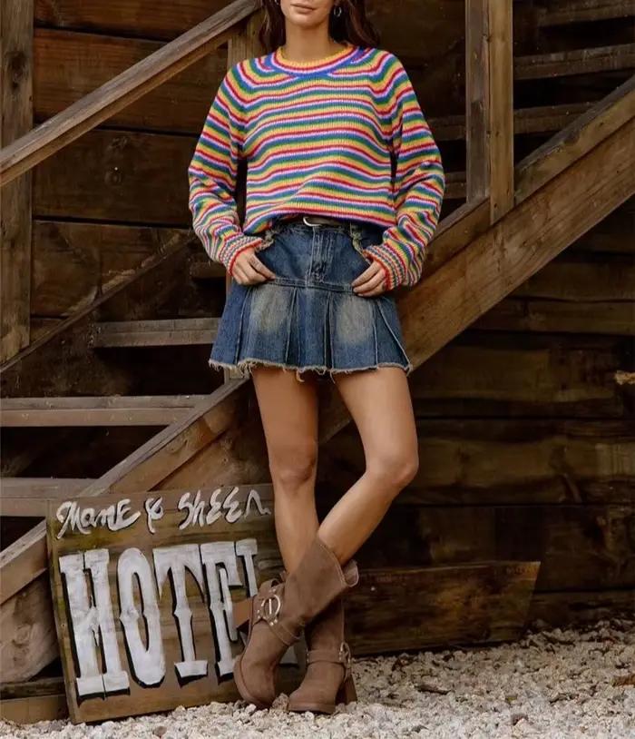 Pull rayé arc-en-ciel, haut tricoté rétro